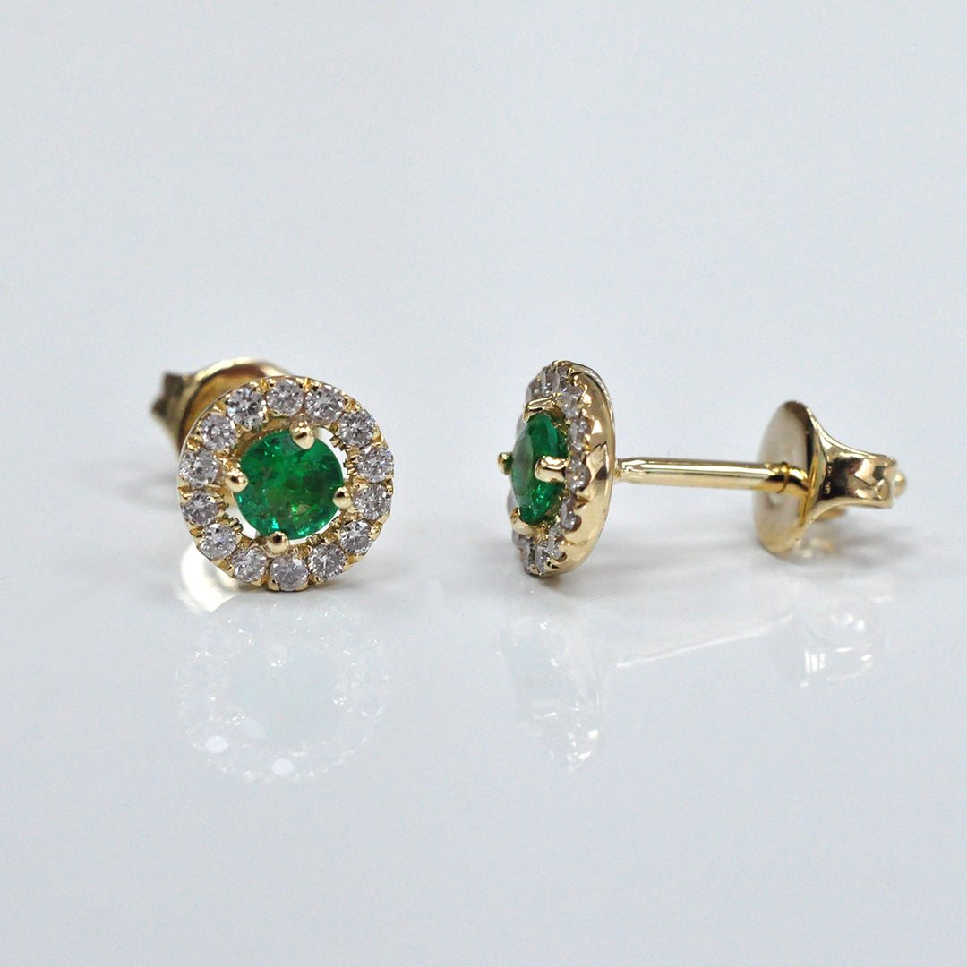 Yellow gold emerald and Diamonds halo Earrings