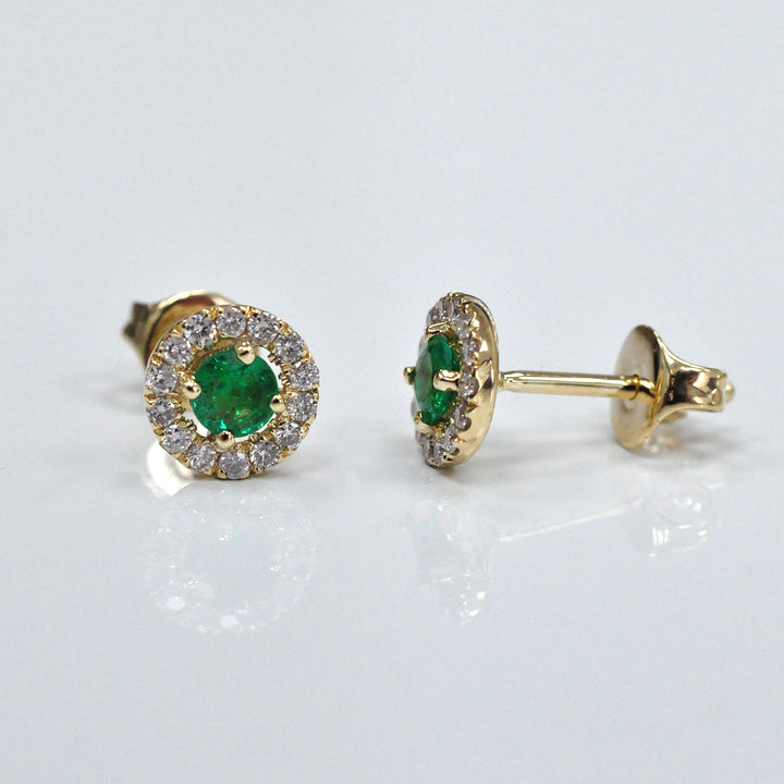 Yellow gold emerald and Diamonds halo Earrings