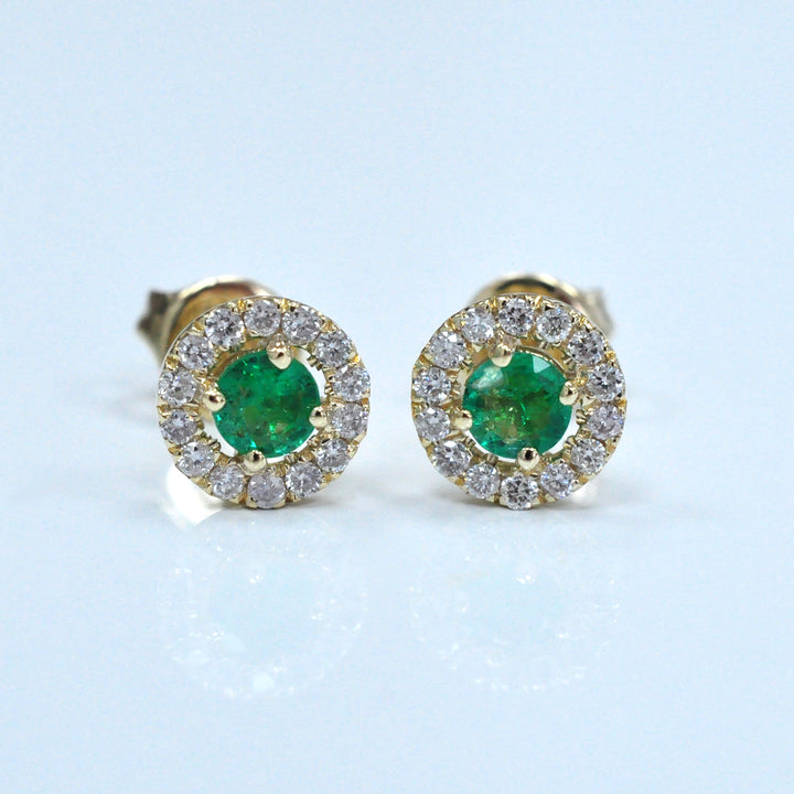 Yellow gold emerald and Diamonds halo Earrings