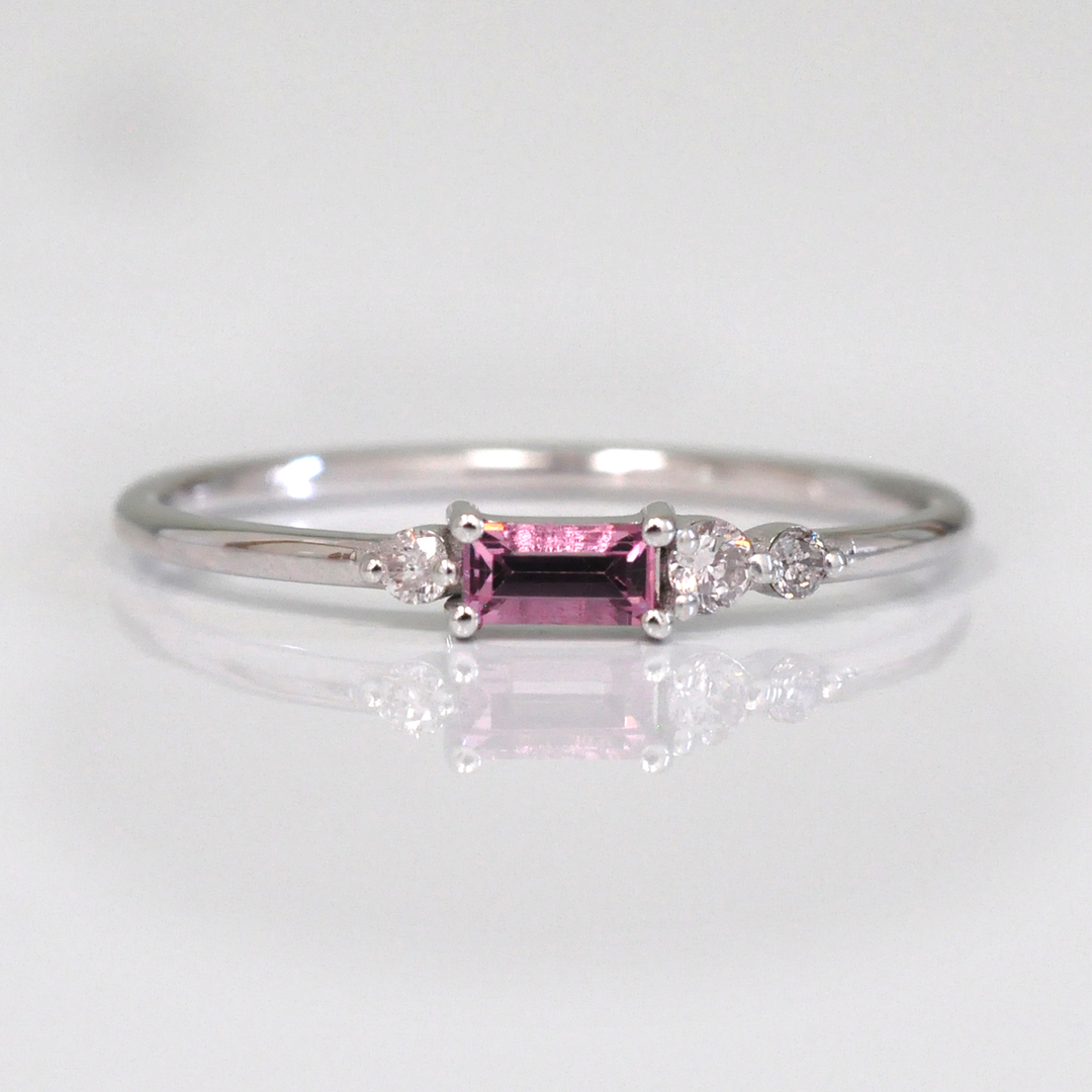 Pink Sapphire with 3 Side Diamonds Ring