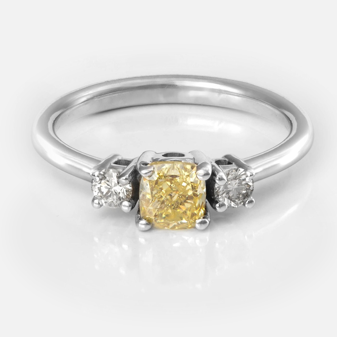 Fancy Yellow cushion Cut diamond 3 stones Ring
