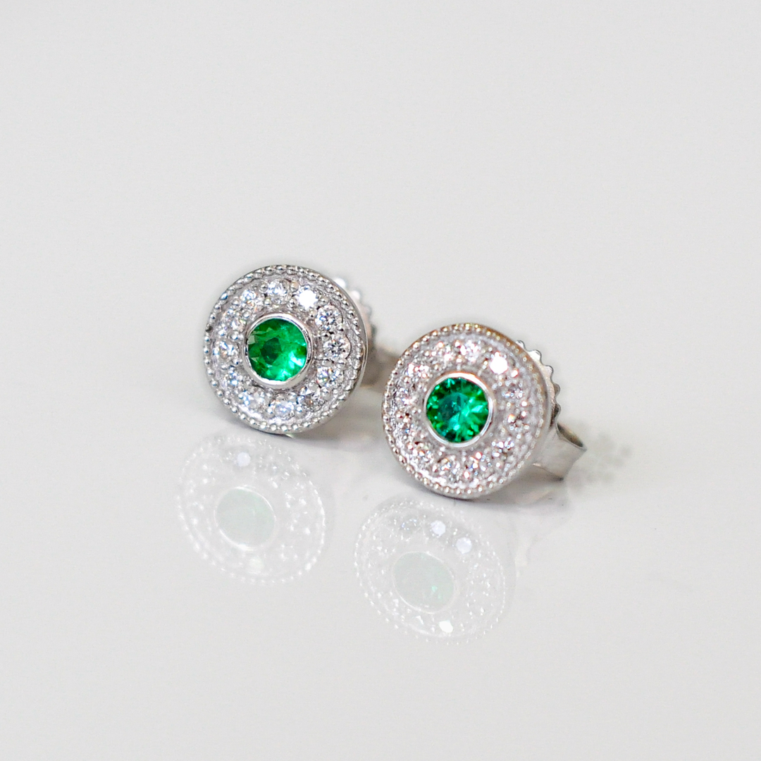 white gold emerald and Diamonds halo Earrings