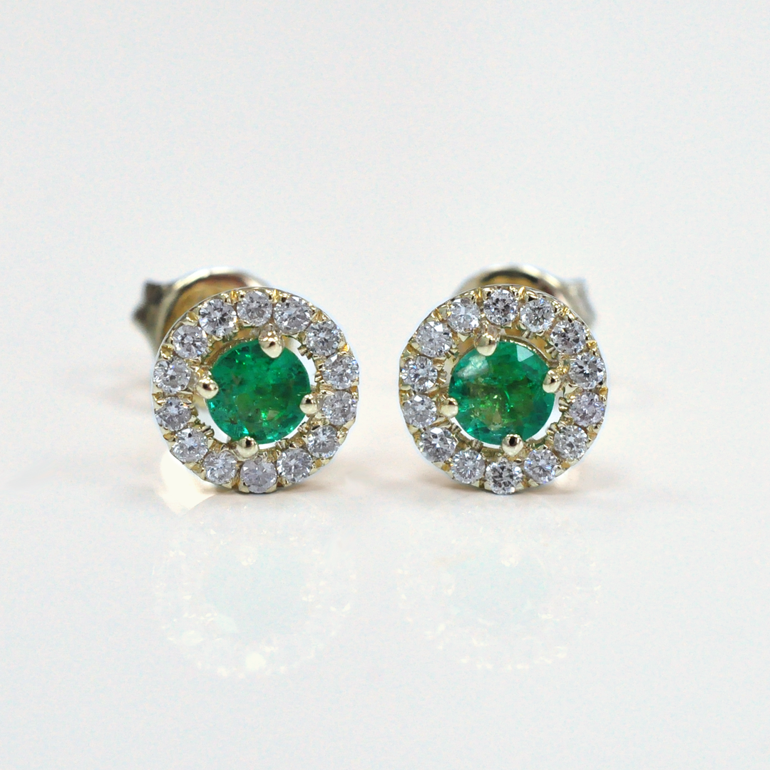 Yellow gold emerald and Diamonds halo Earrings