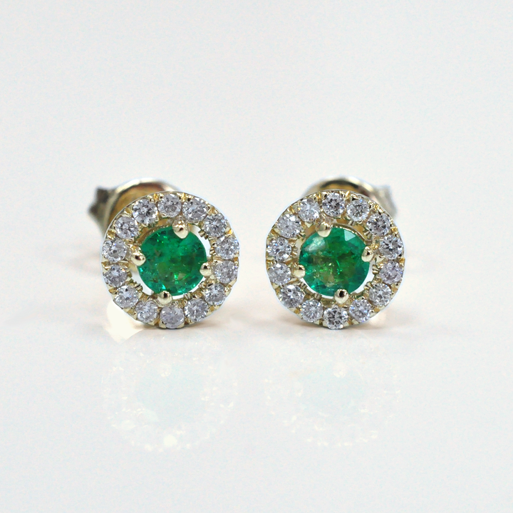 Yellow gold emerald and Diamonds halo Earrings