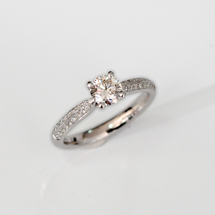 two row diamonds pave shank engagement ring