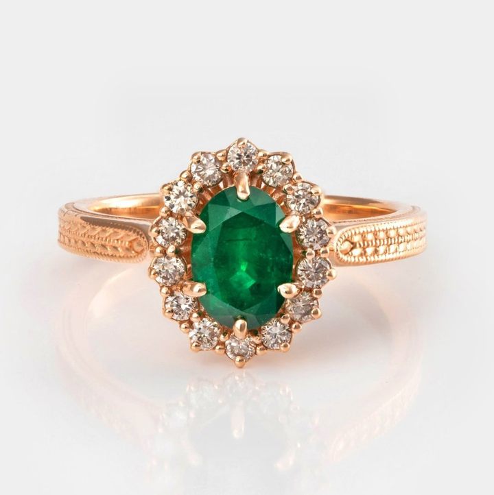 Rose gold Emerald &amp; diamonds vintage style ring