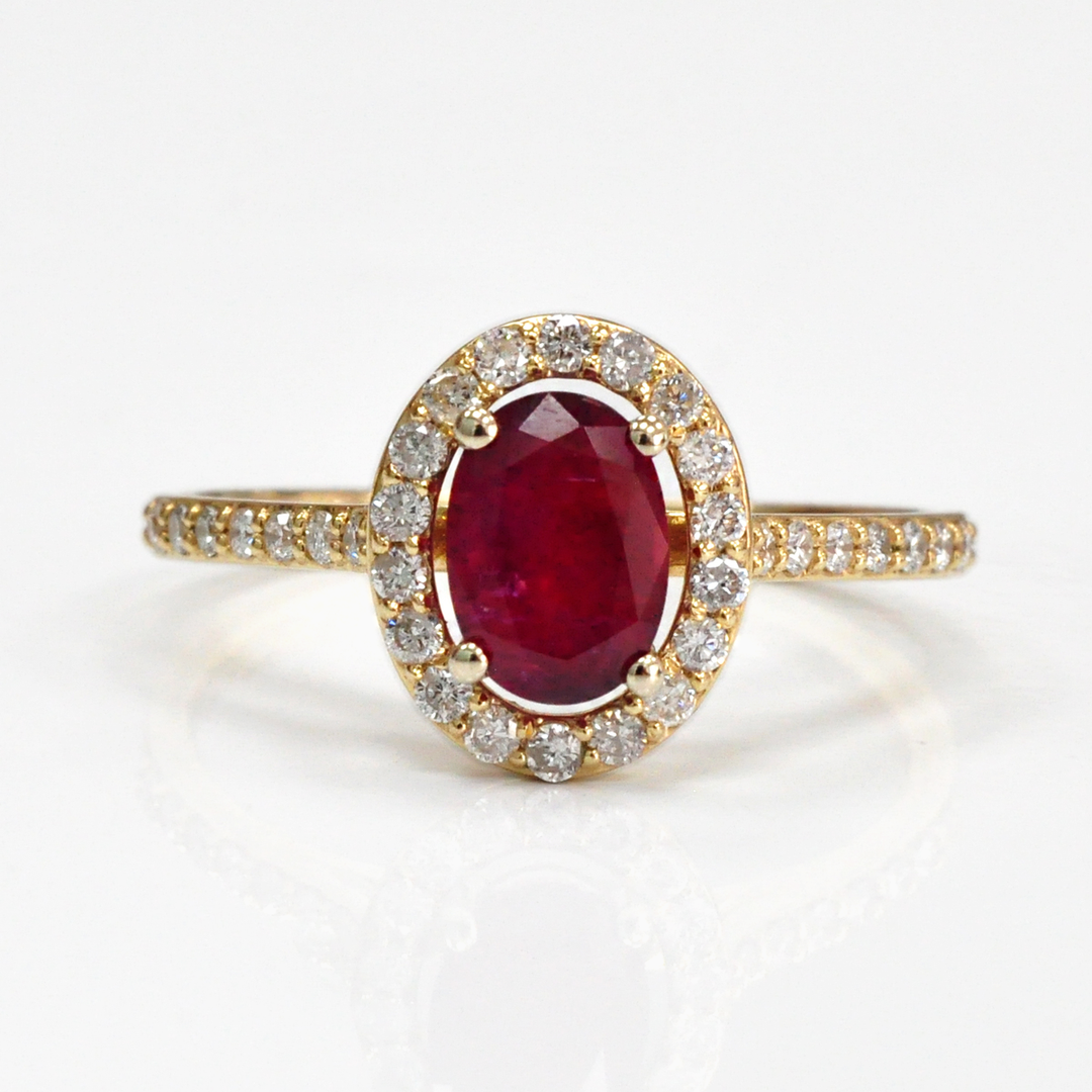 Oval cut red unheated ruby &amp; diamonds halo ring
