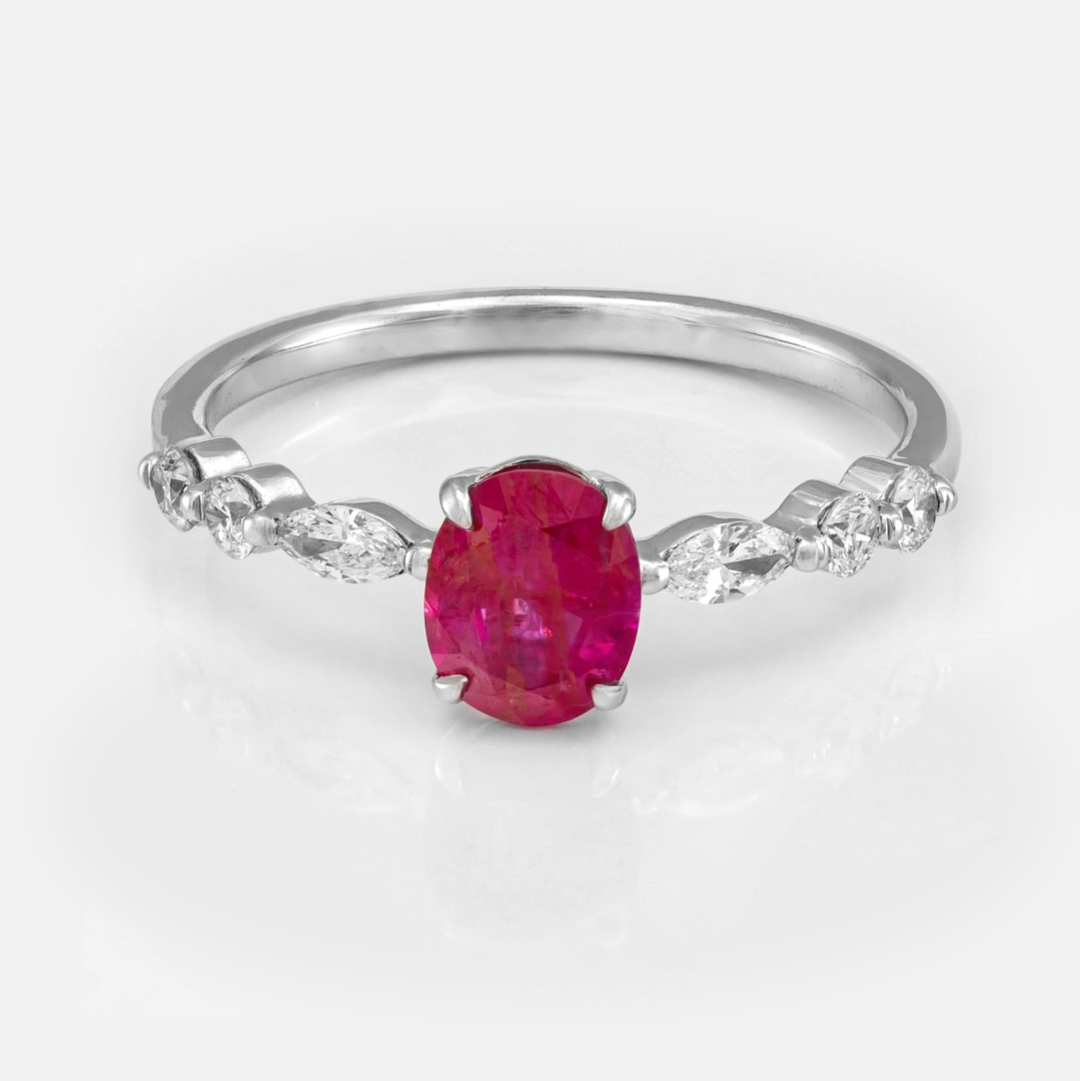 Oval pinkish Ruby &  Side Diamonds Ring