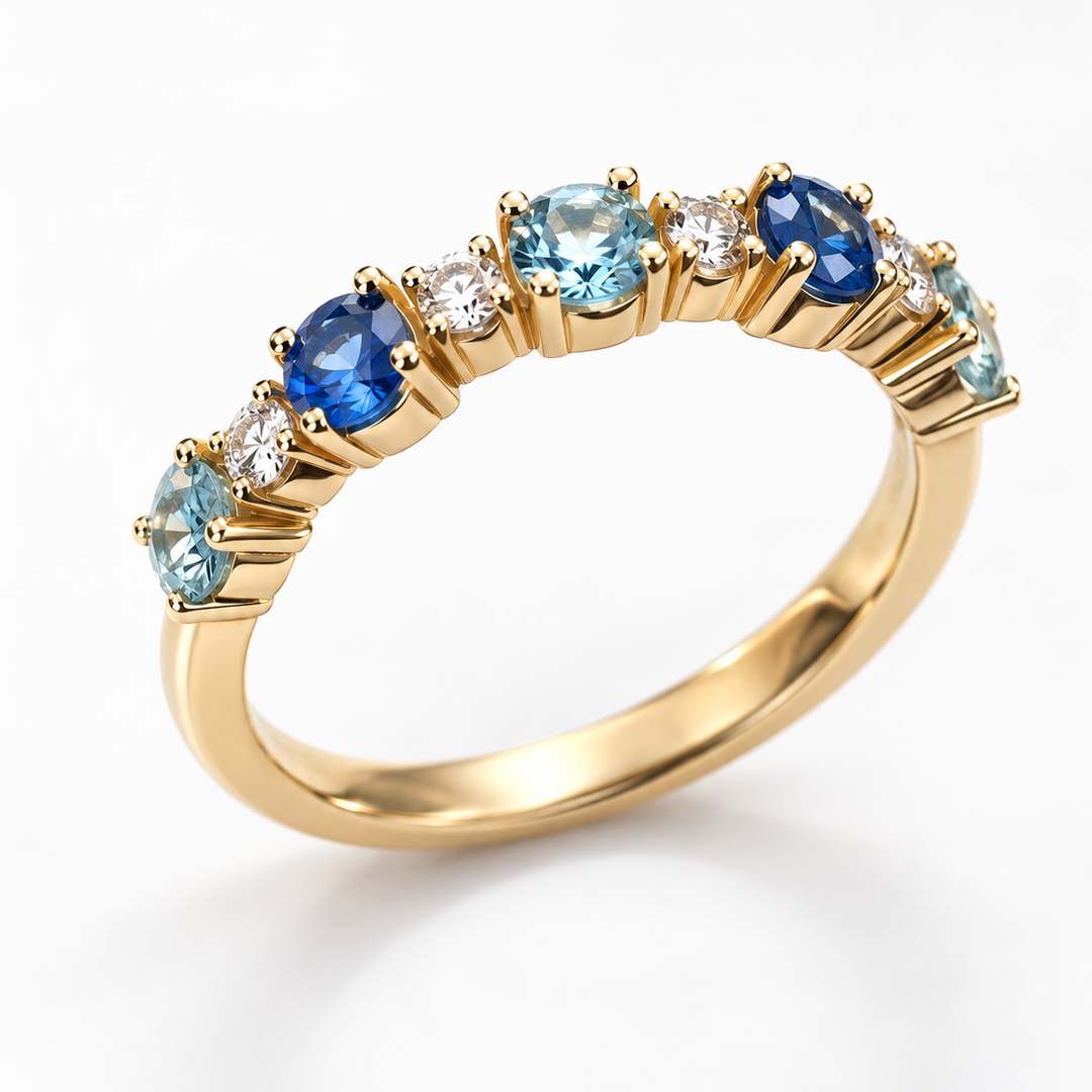 Aquamarine Sapphire &amp; Diamonds half eternity ring