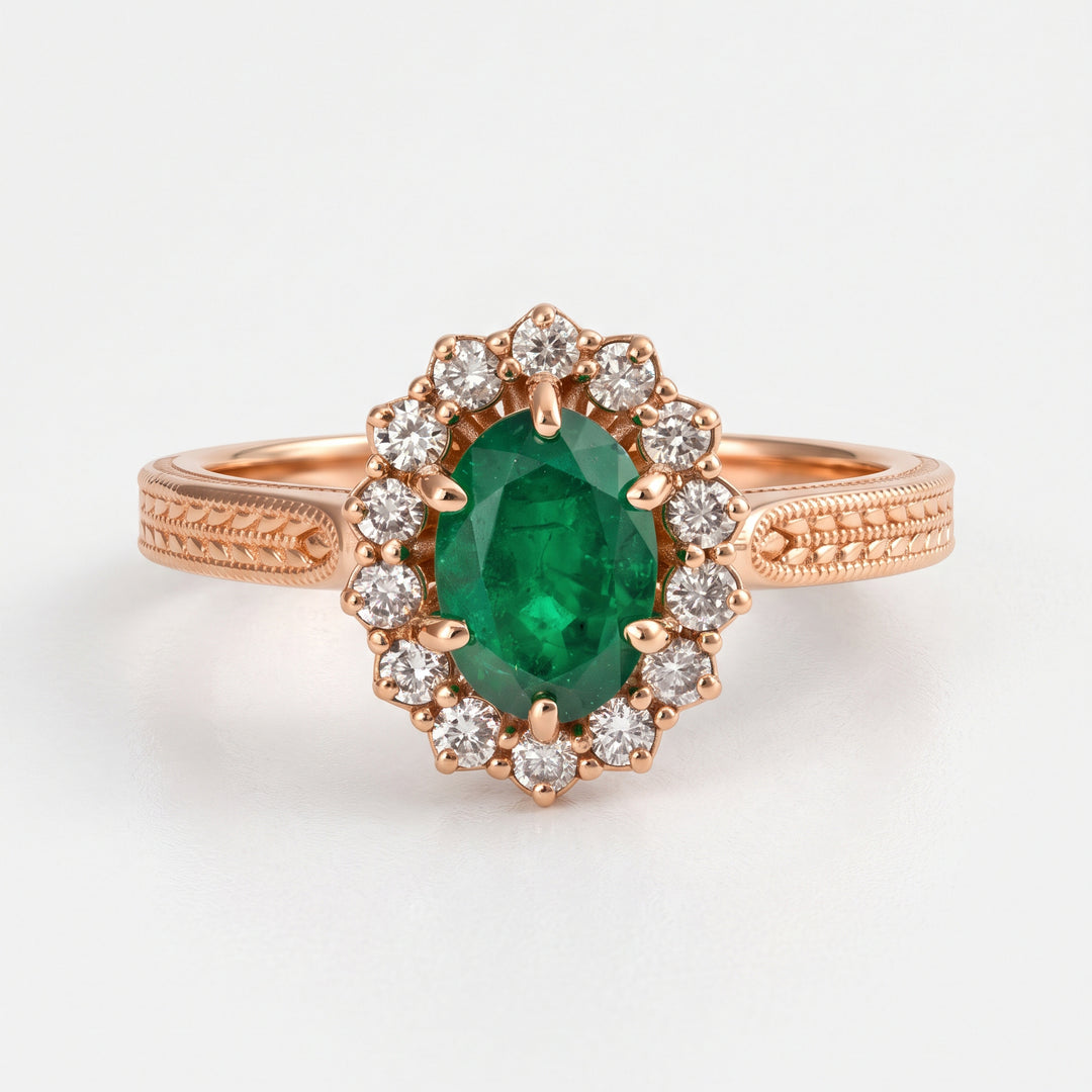 Rose gold Emerald & diamonds vintage style ring
