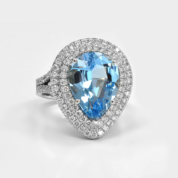 Top Quality Aquamarine and Diamonds Halo Statement Ring