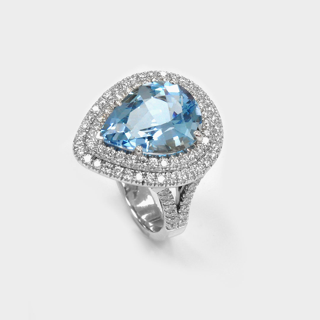 Top Quality Aquamarine and Diamonds Halo Statement Ring