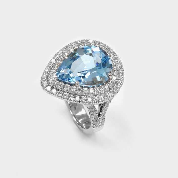 Top Quality Aquamarine and Diamonds Halo Statement Ring