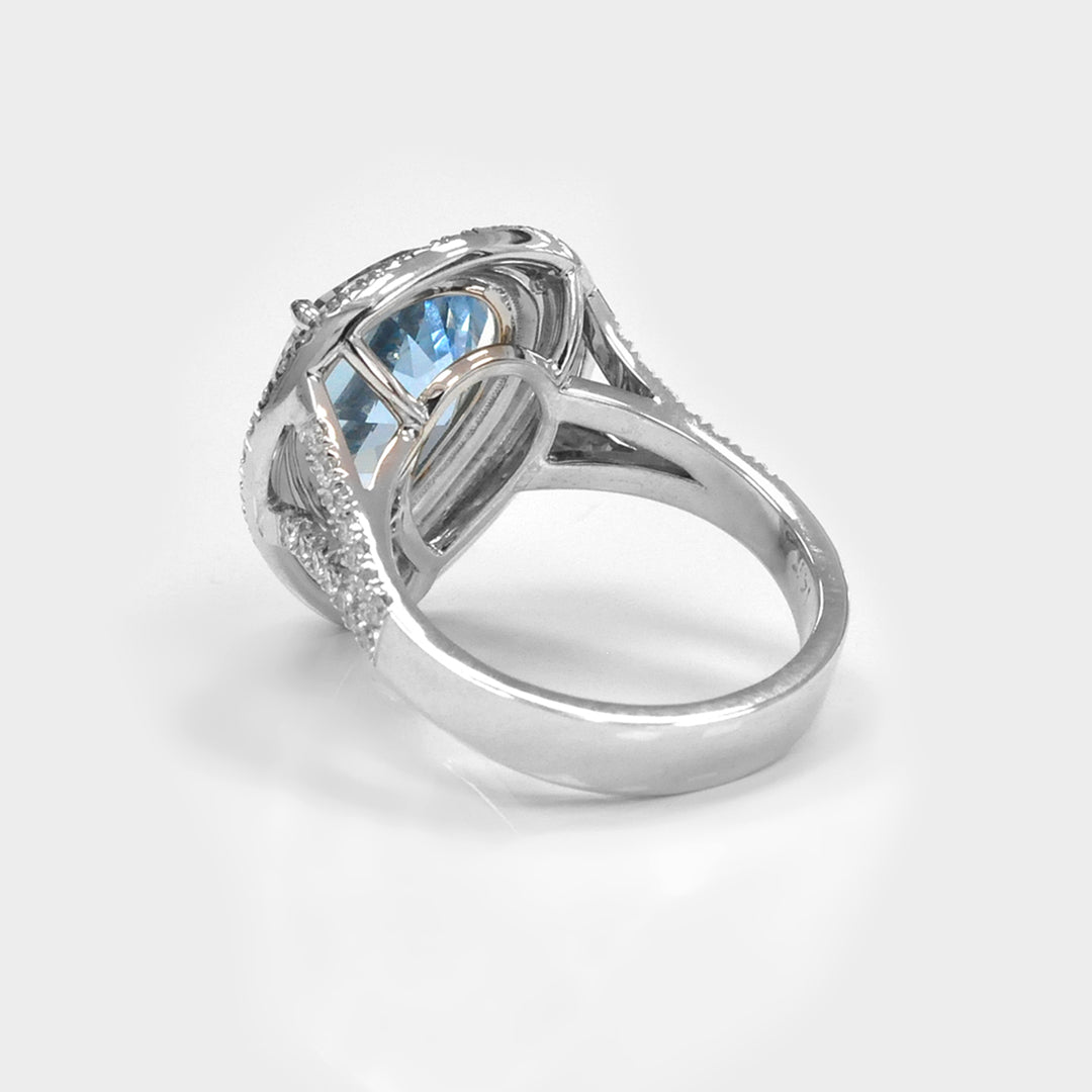 Top Quality Aquamarine and Diamonds Halo Statement Ring