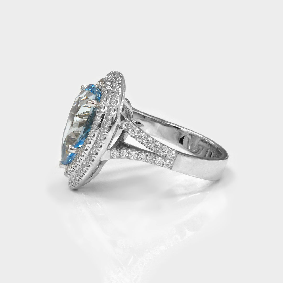 Top Quality Aquamarine and Diamonds Halo Statement Ring
