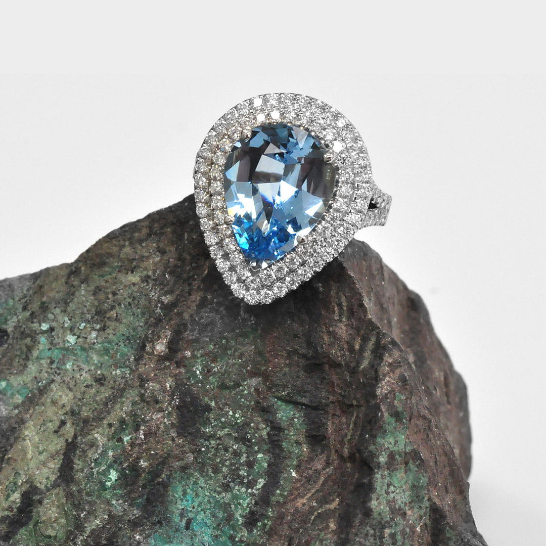 Top Quality Aquamarine and Diamonds Halo Statement Ring