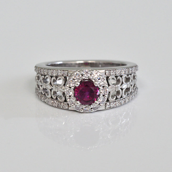 Artistic round cut unheated Ruby and Diamond Ring