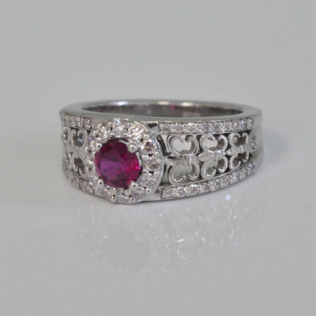 Artistic round cut unheated Ruby and Diamond Ring