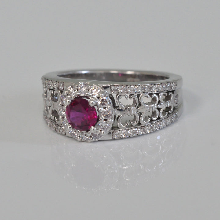 Artistic round cut unheated Ruby and Diamond Ring