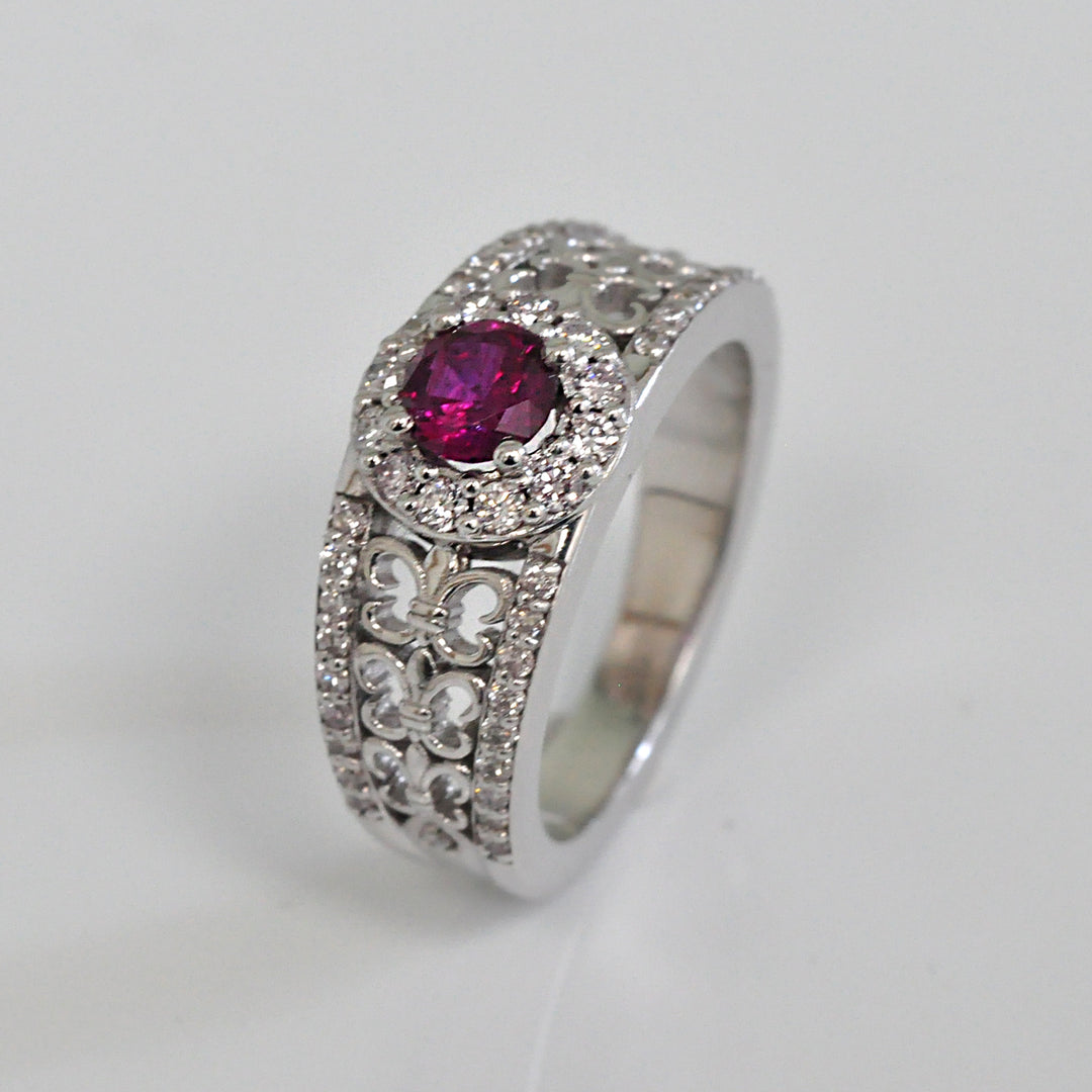 Artistic round cut unheated Ruby and Diamond Ring