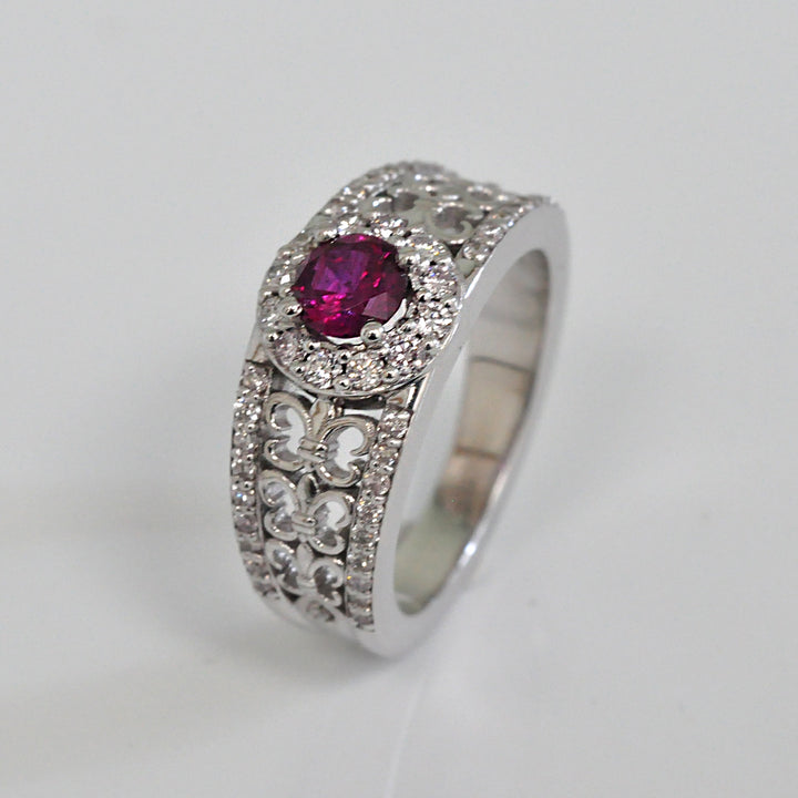 Artistic round cut unheated Ruby and Diamond Ring