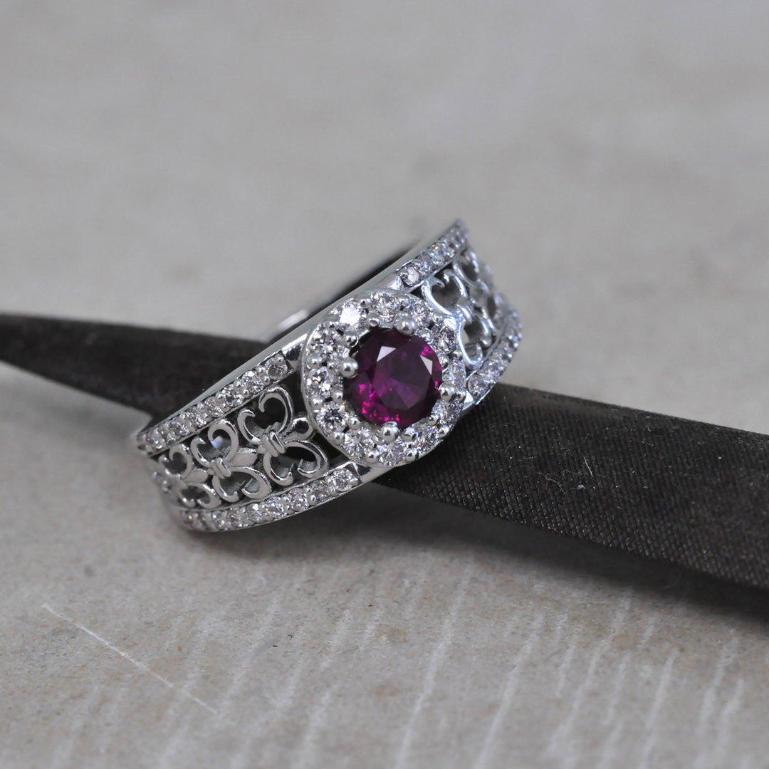 Artistic round cut unheated Ruby and Diamond Ring