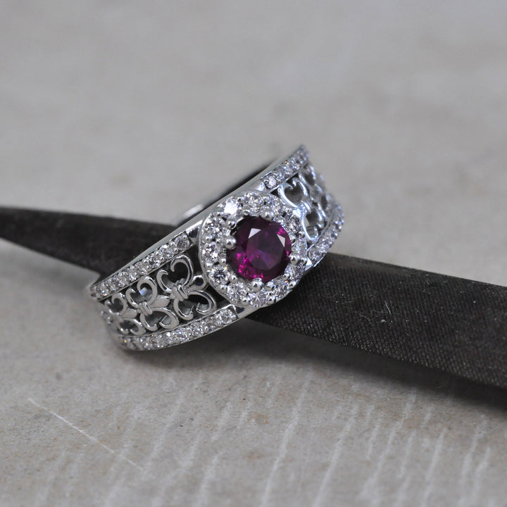 Artistic round cut unheated Ruby and Diamond Ring