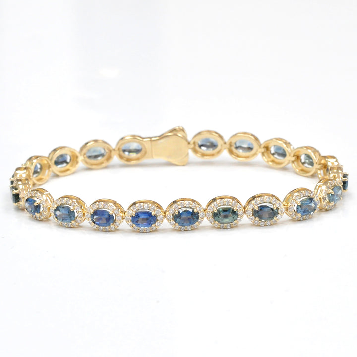 Teal SAPPHIRE &amp; diamonds YELLOW GOLD BRACELET
