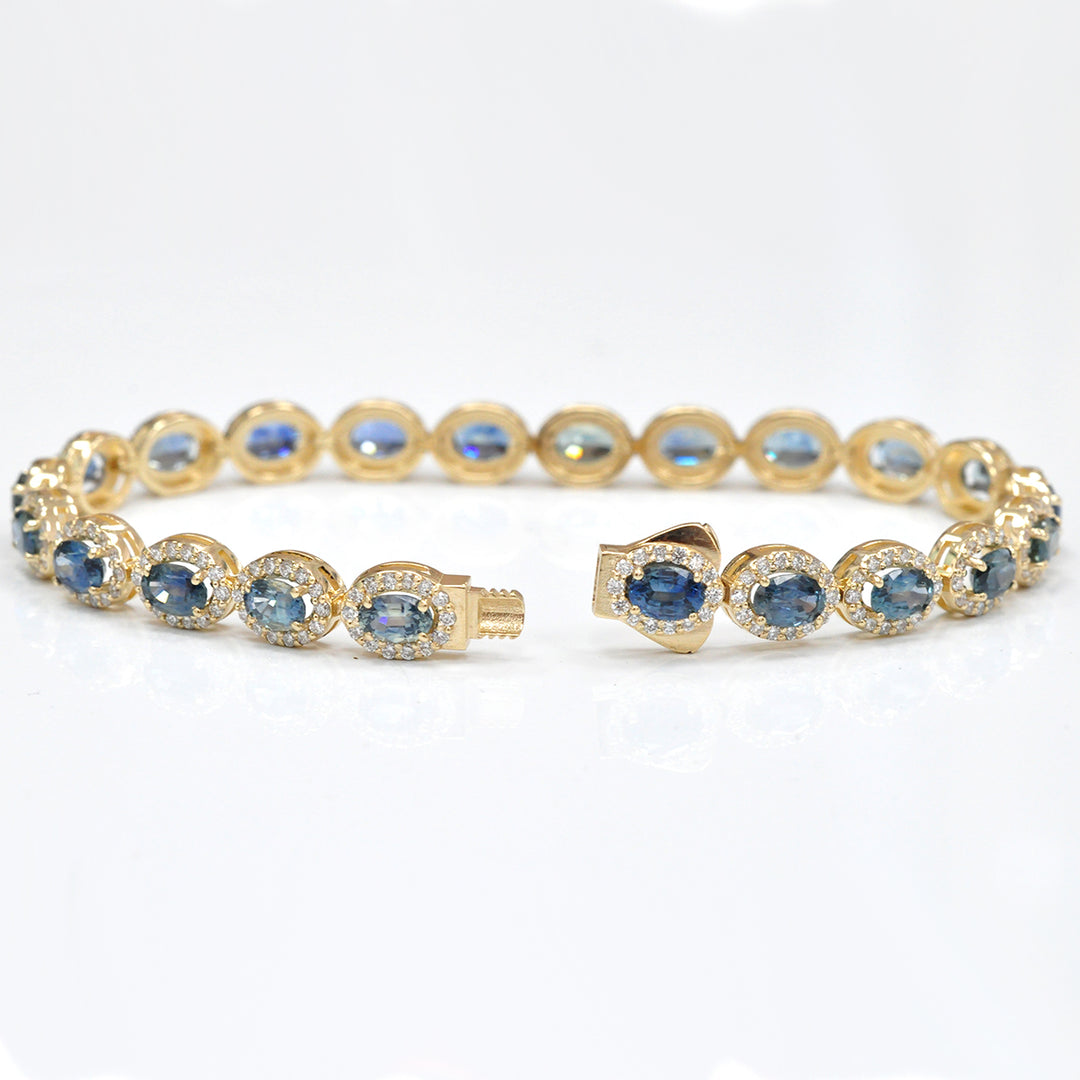 Teal SAPPHIRE &amp; diamonds YELLOW GOLD BRACELET