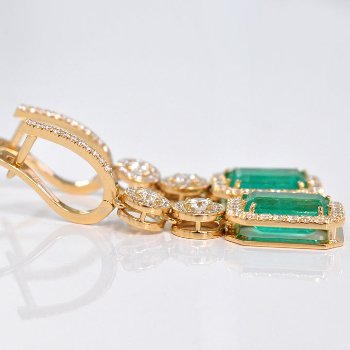 yellow gold green emeralds and Diamonds halo Earrings