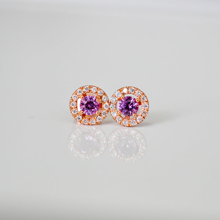 rose gold with sapphire and white Diamonds halo Earrings