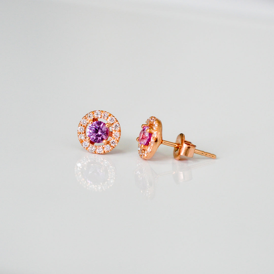 rose gold with sapphire and white Diamonds halo Earrings