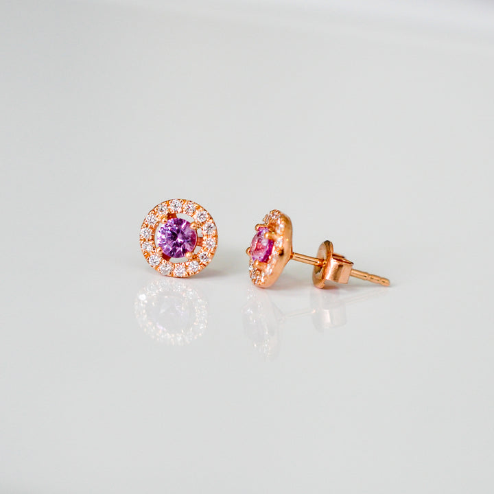rose gold with sapphire and white Diamonds halo Earrings