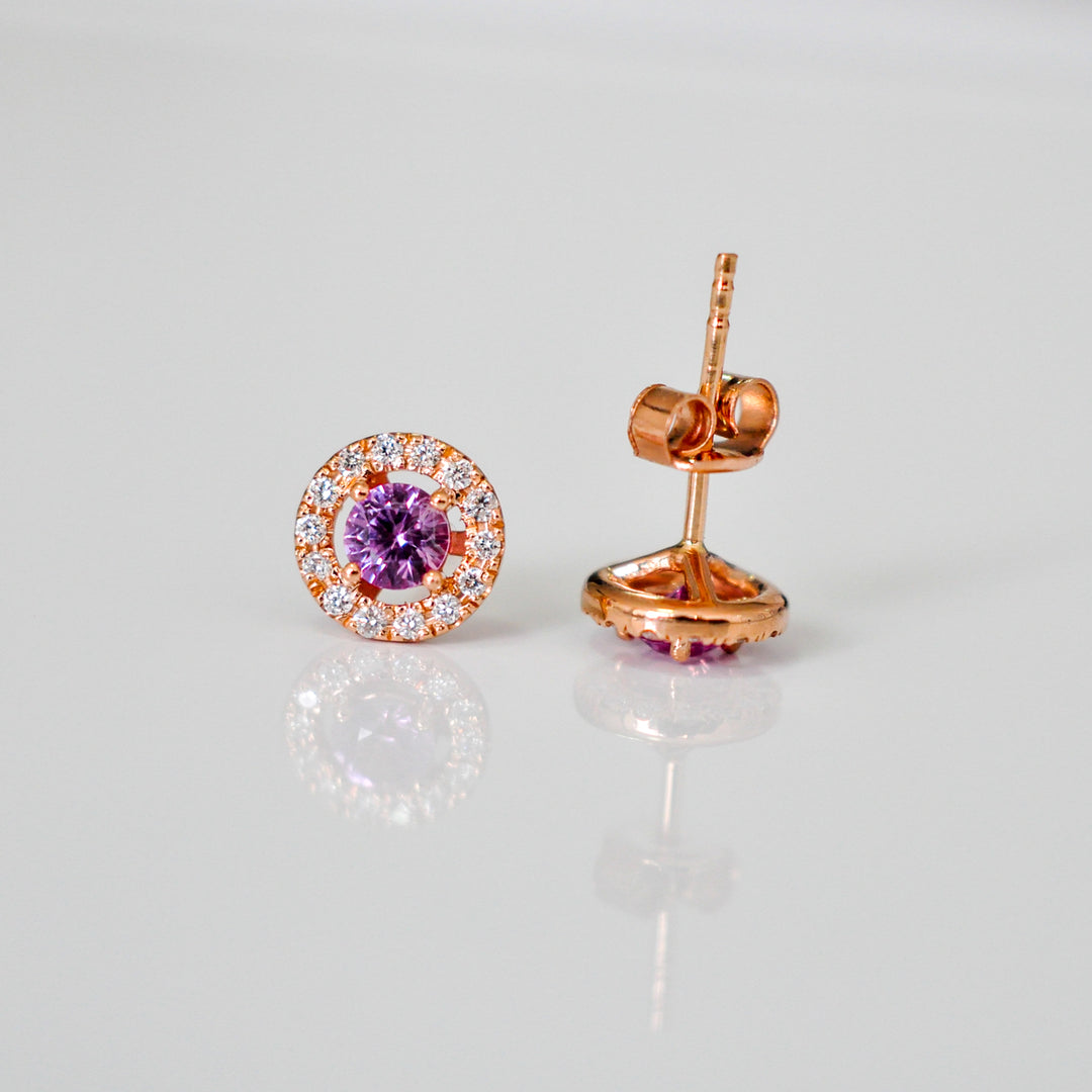 rose gold with sapphire and white Diamonds halo Earrings