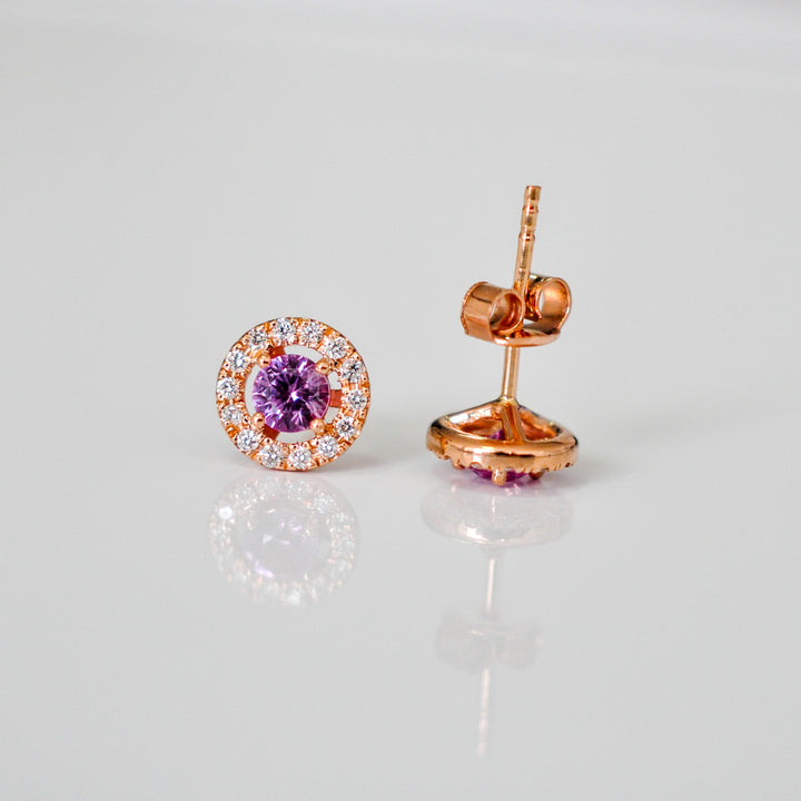 rose gold with sapphire and white Diamonds halo Earrings