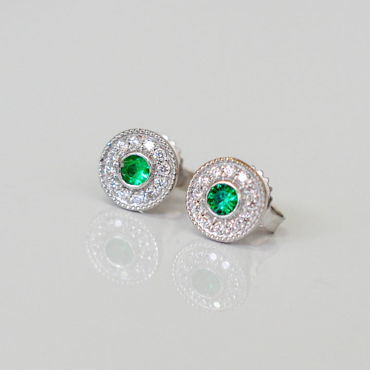 white gold emerald and Diamonds halo Earrings