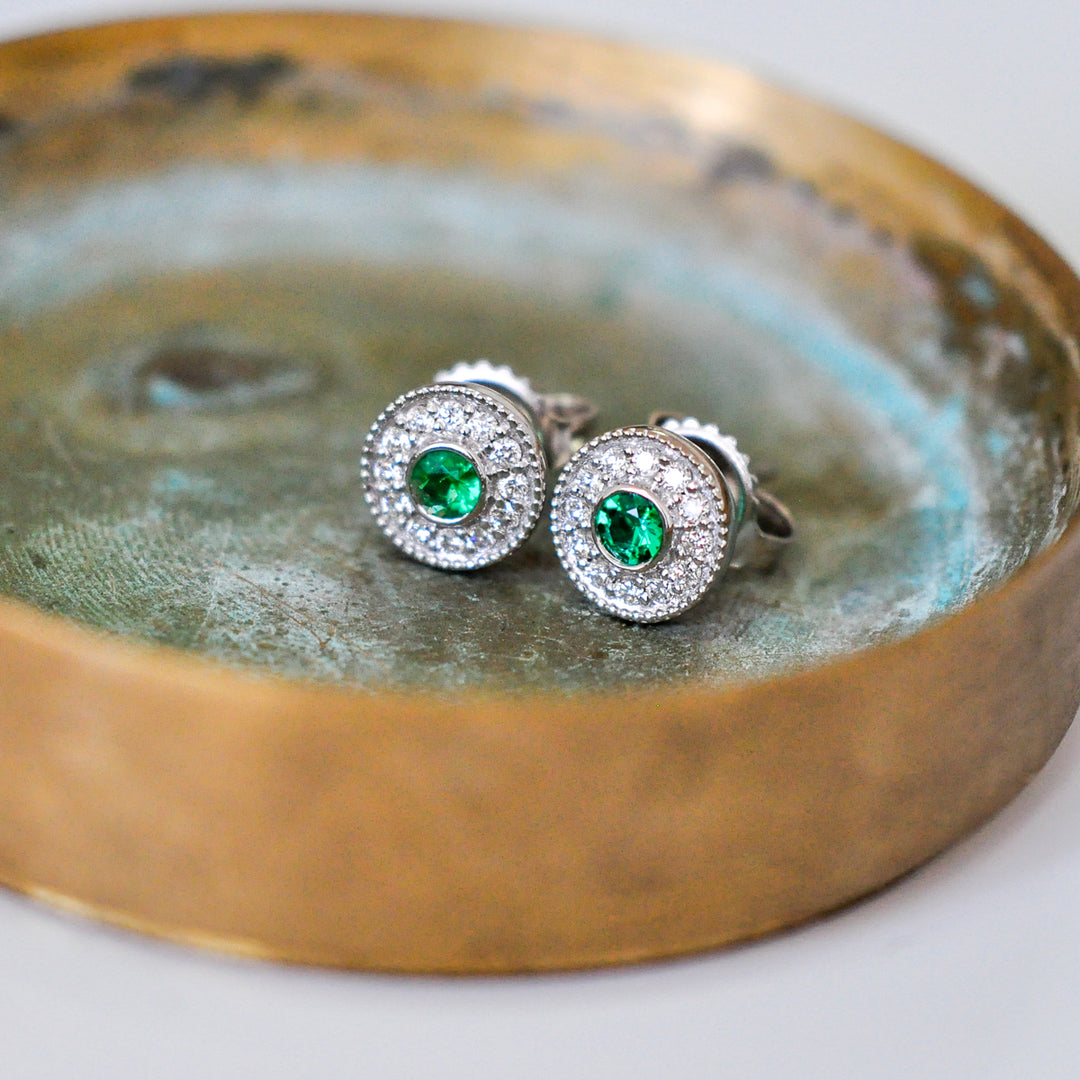 white gold emerald and Diamonds halo Earrings