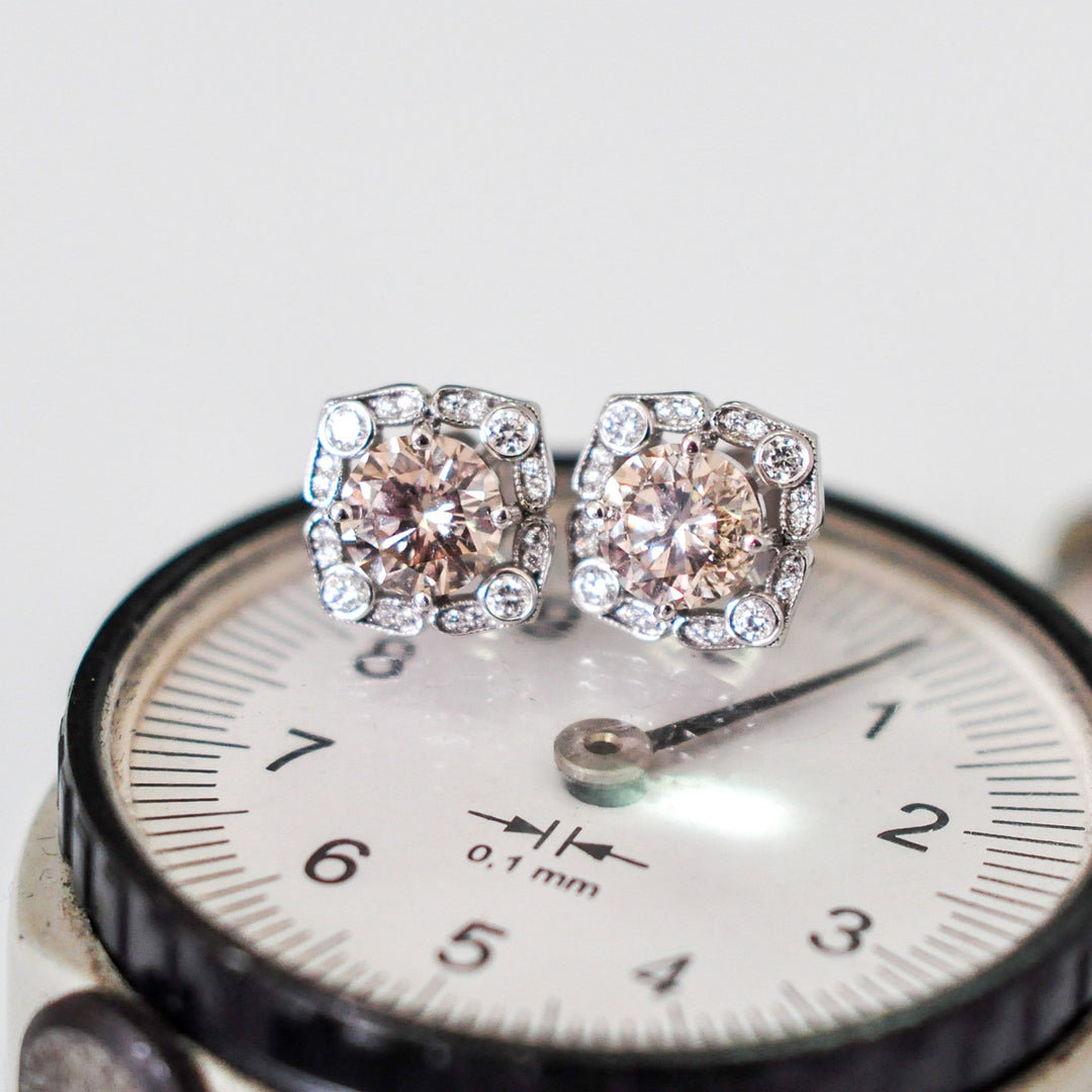 fancy brown &amp; white diamonds vintage style Earrings