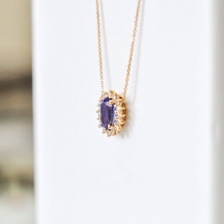 Blue sapphire and Yellow gold Halo Pendant