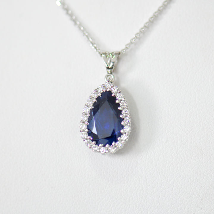 pear shape blue sapphire &amp; diamonds HALO PENDANT