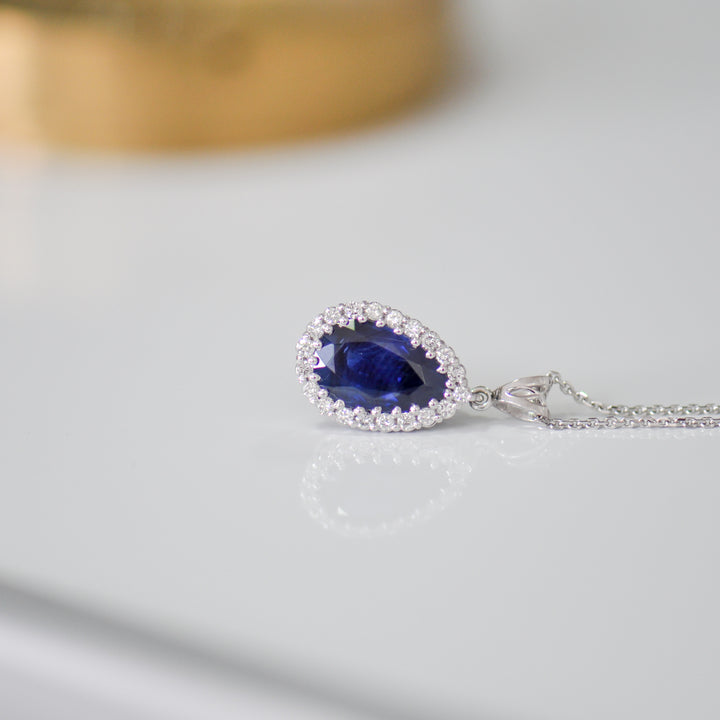 pear shape blue sapphire &amp; diamonds HALO PENDANT