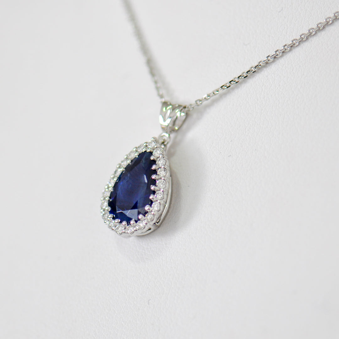 pear shape blue sapphire &amp; diamonds HALO PENDANT