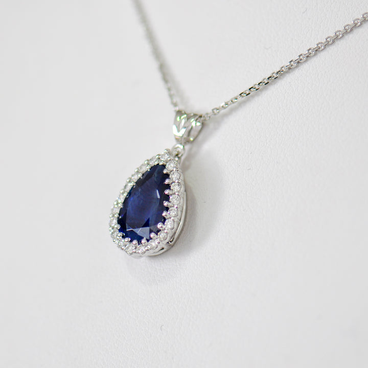pear shape blue sapphire &amp; diamonds HALO PENDANT