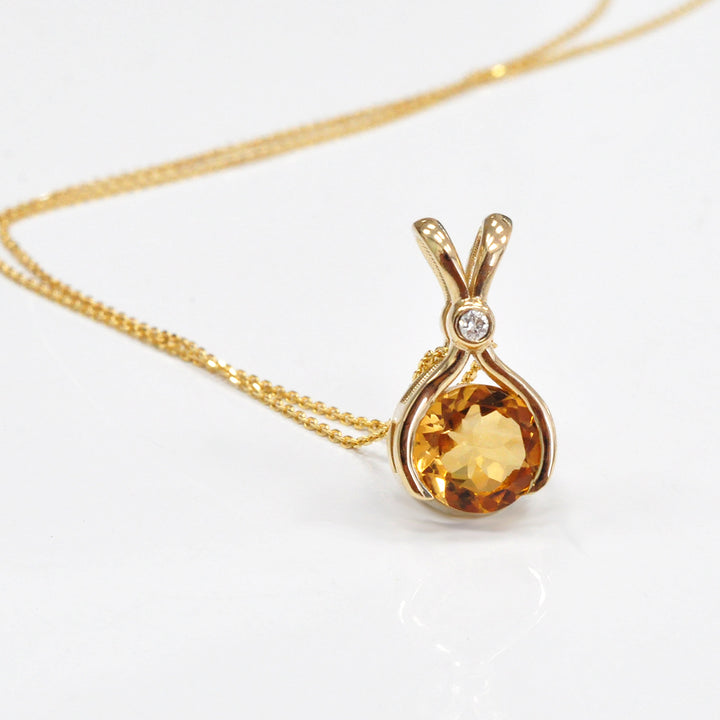 Yellow Gold Round Cut CITRINE &amp; diamond Pendant