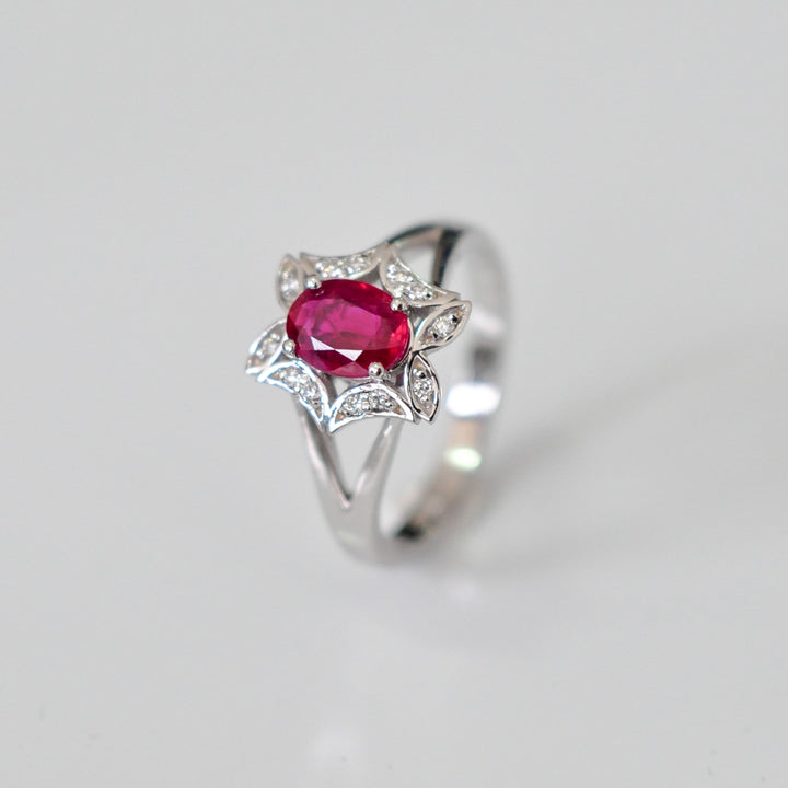 OVAL RUBY and diamonds FLOWER SHAPE HALO RING