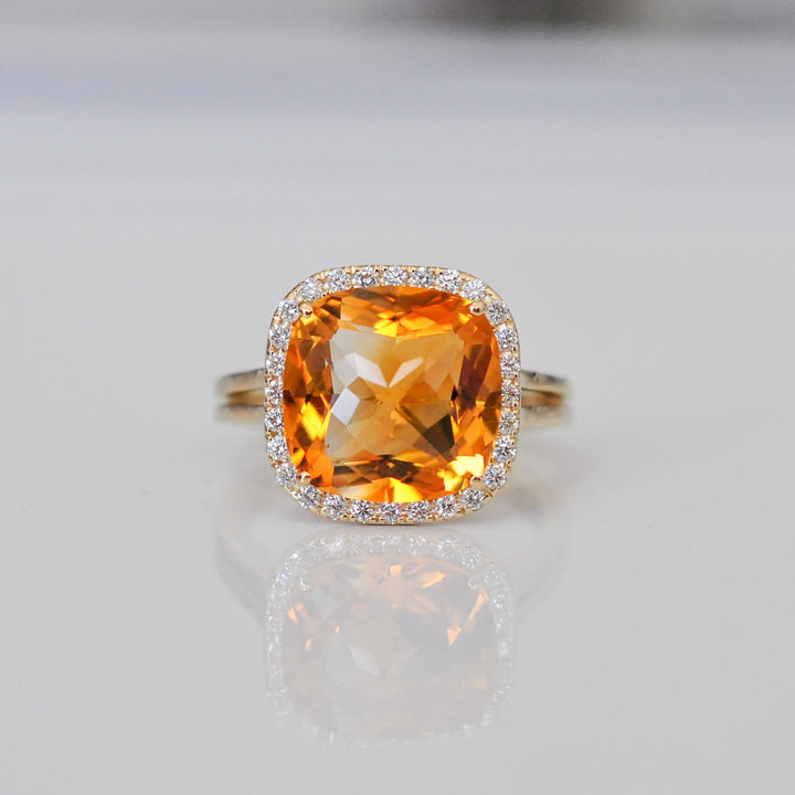 cushion shape Checkerbord  CITRINE &amp; diamonds HALO RING