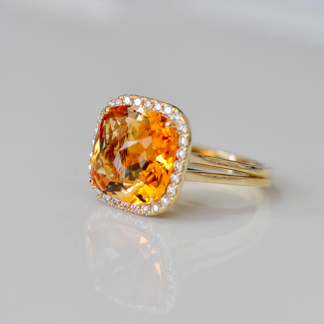 cushion shape Checkerbord  CITRINE &amp; diamonds HALO RING