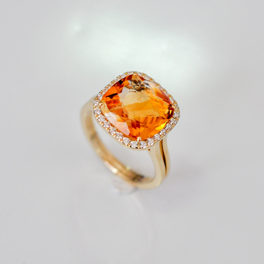 cushion shape Checkerbord  CITRINE &amp; diamonds HALO RING