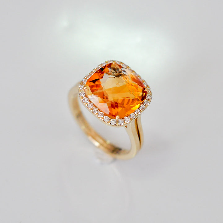 cushion shape Checkerbord  CITRINE &amp; diamonds HALO RING