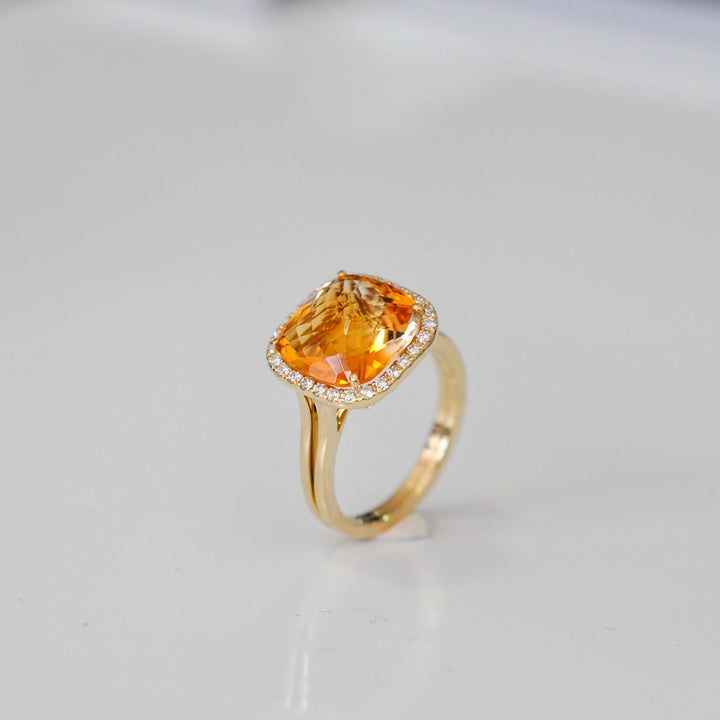 cushion shape Checkerbord  CITRINE &amp; diamonds HALO RING